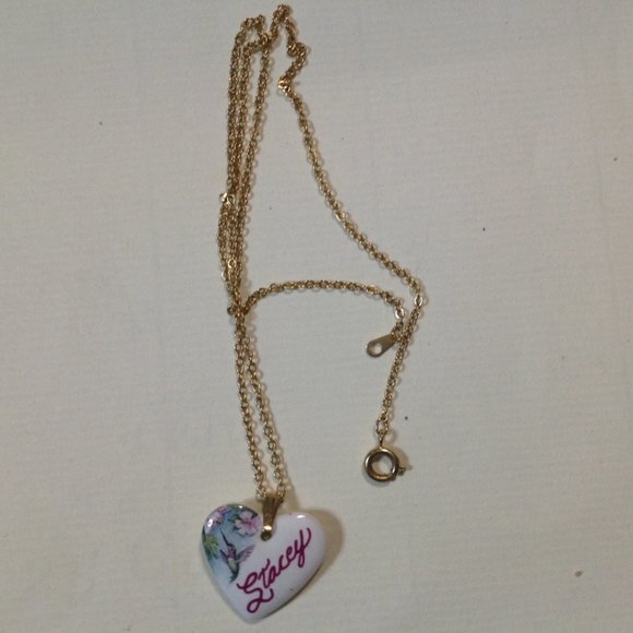 **Sale** Vintage Porcelain Heart Pendant With Name Stacey - Picture 1 of 2